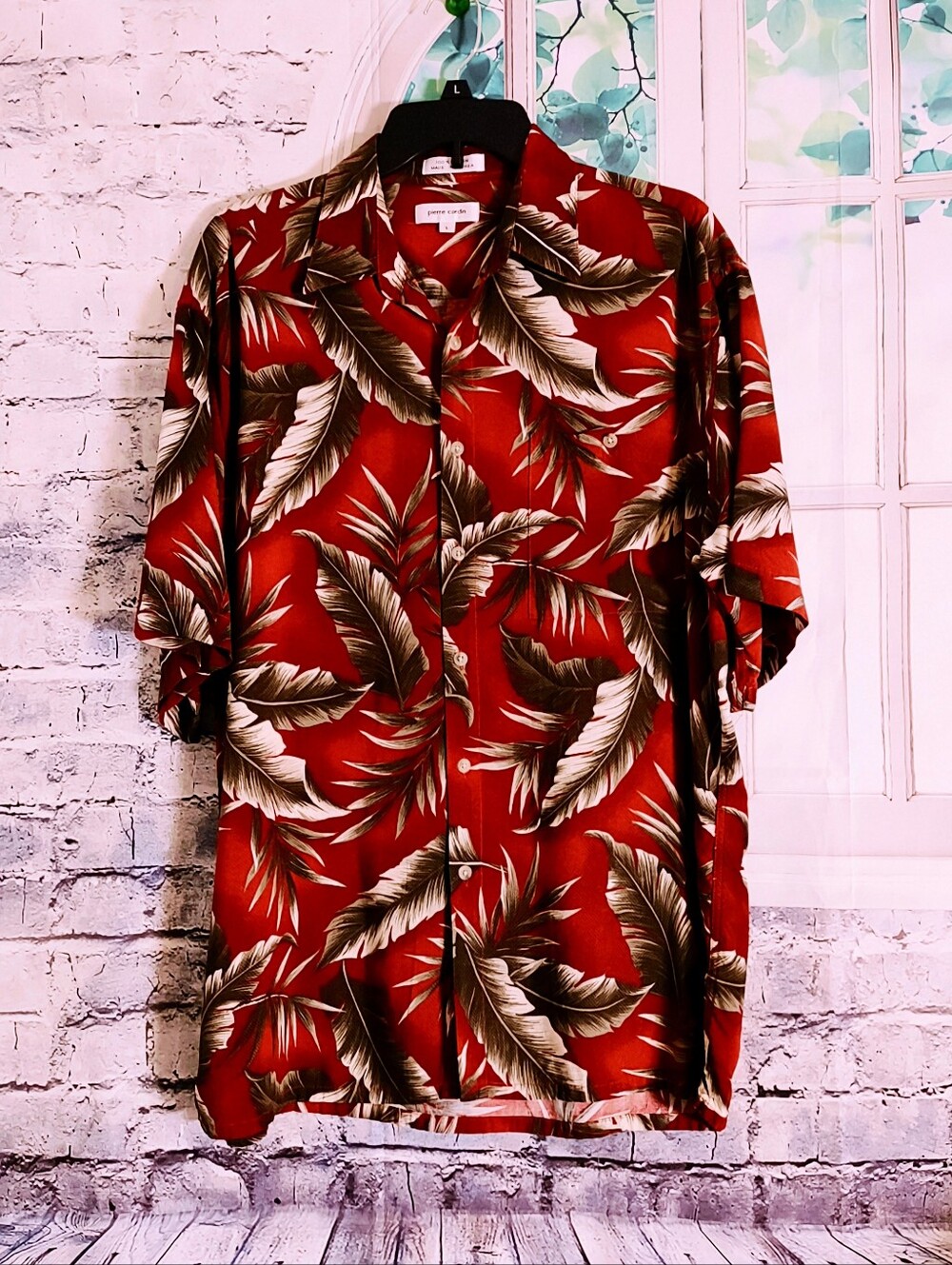 MEN'S RED TROPICAL LEAF HAWAIIAN BUTTON-FRONT SHIRT SIZE L